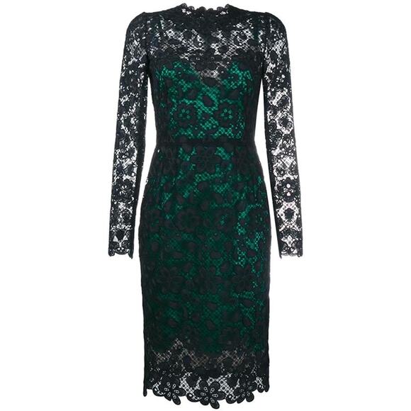 NWT Dolce & Gabbana Black Green Long-Sleeve Lace Dress Contrast Slip IT 44 L - Picture 5 of 15